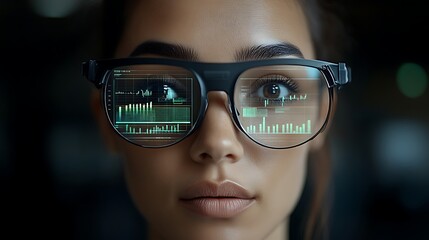 Woman AR Glasses Data Analysis Night