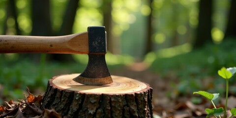 A weathered axe head rests on a freshly cut tree stump in a sun-dappled forest setting