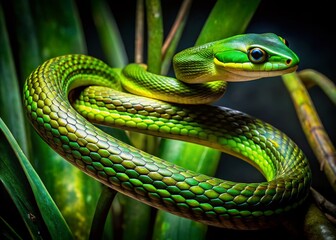 Fototapeta premium Vietnamese Bamboo Rat Snake Night Photography - Reptile in Dark Jungle