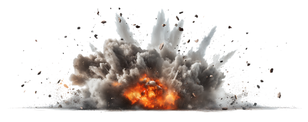 A digital depiction of an explosion with thick black smoke rising above a bed of orange flames against a white background PNG.AI GENERATED