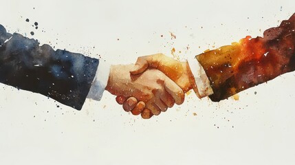 Watercolor Handshake Blue and Orange Tones on White Background