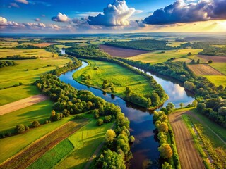 Vintage Aerial View: Ukrainian Summer Landscape – Fields, Forest, River Panorama