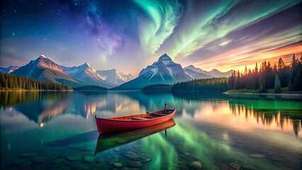 Obraz premium Vintage Aurora Borealis Canoeing Maligne Lake Jasper National Park Canada