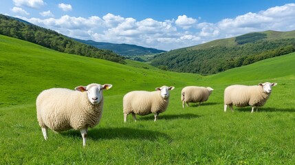Fototapeta premium Peaceful Sheep Grazing on Lush Green Hills Under a Bright Blue Sky with Fluffy White Clouds, Idyllic Countryside Landscape, Perfect for Nature, Farming, and Pastoral Themes