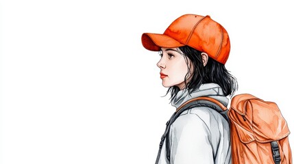 Obraz premium Watercolor Illustration of a Young Woman with an Orange Cap and Backpack