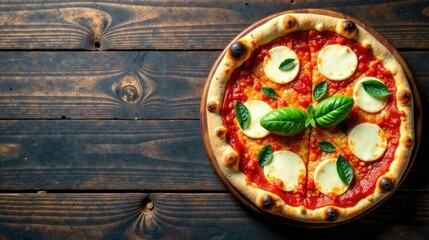 Aromatic Pizza with Melted Cheese and Fresh Basil on Rustic Wooden Background