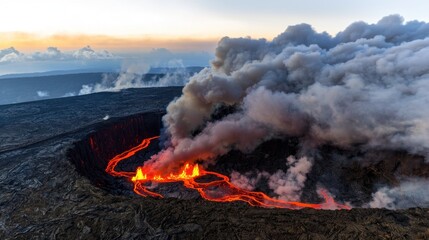 Erupting Volcano at Dusk with Lava Flowing into Crater Surrounded by Smoke and Clouds