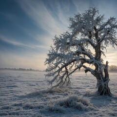"A lone, twisted tree standing resilient in a vast snowy field, its gnarled branches coated in frost."