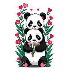 Adorable cartoon pandas holding flowers in a bright and cheerful design
