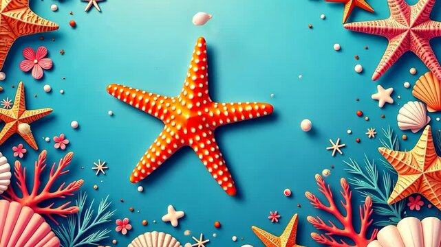 A colorful ocean scene with a starfish and a variety of shells. The background is blue, and the foreground is filled with different colored shells