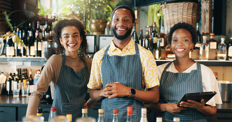 Restaurant, hotel and portrait of people on tablet for inventory, menu items and checklist by bar. Teamwork, happy and man and women on digital tech for hospitality, alcohol service and online order