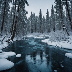 "A frozen river winding through a dense snow-covered forest, its icy surface reflecting the towering trees above."