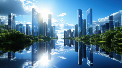A visionary digital artwork showing a futuristic cityscape merging with nature, symbolizing balance
