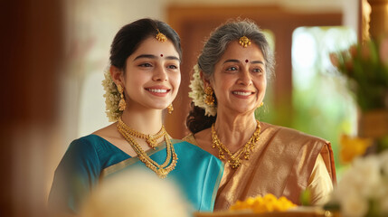 young indian woman in saree standing with her old mother