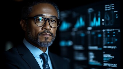 Focused Businessman Analyzing Data at Night
