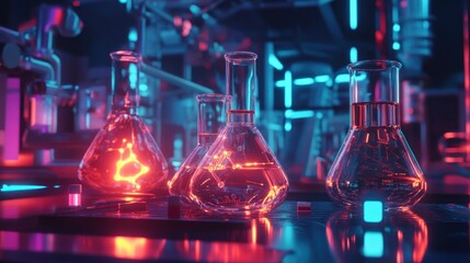 Futuristic laboratory glassware with vibrant neon lighting for science research