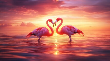 Fototapeta premium A pair of flamingos in love, their vibrant pink feathers illuminated by a fiery sunset over tranquil tropical waters.