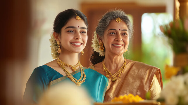 young indian woman in saree standing with her old mother