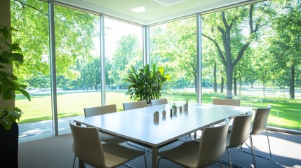 Bright and Modern Conference Room with Greenery and Natural Light in an Office Setting