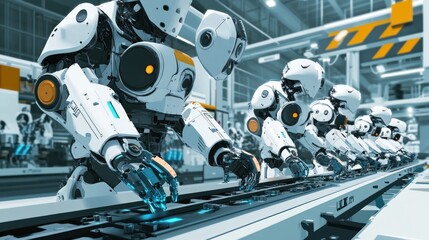 Fototapeta premium Robots assembling products in a futuristic factory setting.