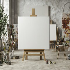 3D rendering of a blank canvas frame in a modern art studio, designed to showcase artwork in an elegant and minimalist setting