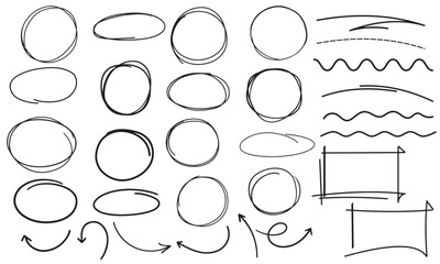Fototapeta premium Set of doodle hand draw highlight, arrows, text underline strokes and marks. Brush doodle shape for message and notes. Collection of sketch elements of circles, ellipses, rectangles, squares, ovals, m