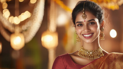 smiling Indian woman in her late thirties, wearing a red sari and gold jewelry with intricate designs.