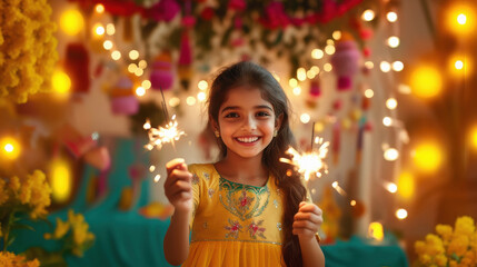 Indian girl, holding sparklers and smiling