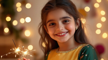 Naklejka premium Indian girl, holding sparklers and smiling