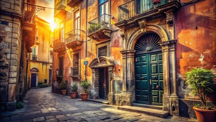 Fototapeta premium Vintage Naples Italy Building Entrance - Sun-Drenched Street Scene