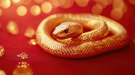 Obraz premium A striking golden snake wrapped around a card on a red surface, perfect for New Year 2025 promotional designs.