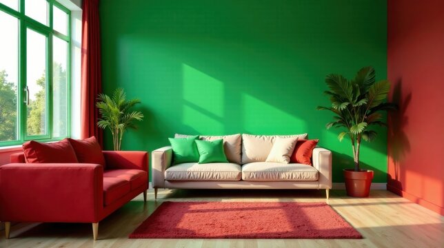 Modern living room interior design featuring a beige sofa, red accent chair, and vibrant green wall