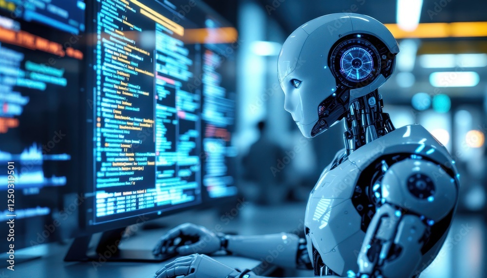Poster futuristic robot analyzing data on computer screen in high-tech lab