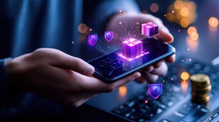 Person Using Smartphone With Glowing Purple Gift Box And Digital Icons