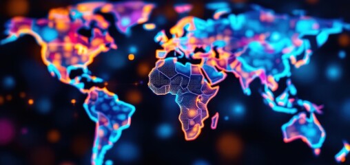 Vibrant world map with neon colors highlighting africa