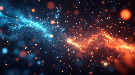 Fototapeta premium Abstract background with glowing particles and light trails on dark blue