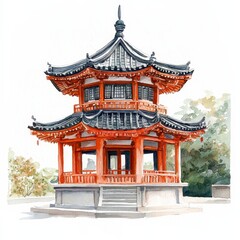 Obraz premium Watercolor Painting of a Two Story Red and Black East Asian Pagoda