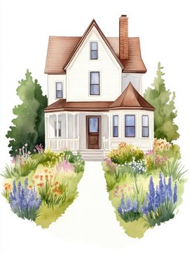 Watercolor Painting of a White Victorian House with Vibrant Flower Garden