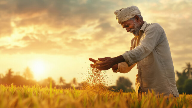 Indian farmer throwing fertilizer in the rice field.