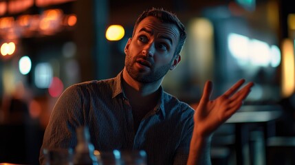 Fototapeta premium Surprised Man Explaining Something at a Bar with Night Lights Bokeh