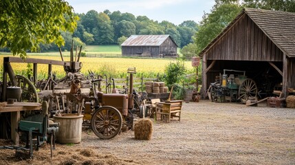 Obraz premium Rustic farm scene with vintage tools and a distant barn in a tranquil landscape.