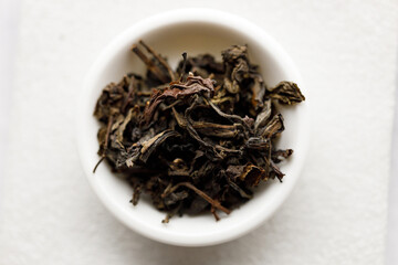 Japanese or Chinese tea leaf on white background.