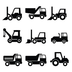 Industrial Work Vehicle Silhouettes Vector Illustrations of Construction Machines