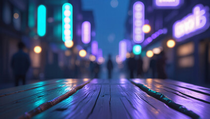 wooden table and bokeh lights background