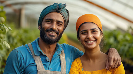 Obraz premium indian Two male and female farmers at the fruit plots in a large dome Technology and future, happy smiling
