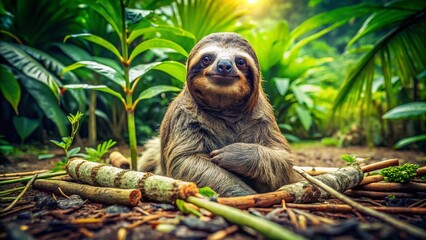 Fototapeta premium Vintage Sloth Gathering Sticks in Lush Tropical Forest - Daytime