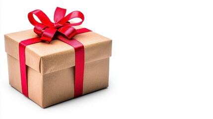 Obraz premium Beautifully Wrapped Gift Box with Red Ribbon and Bow Isolated on a White Background
