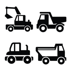 Construction Transport and Machinery Silhouettes Vector Icons of Worksite Vehicles