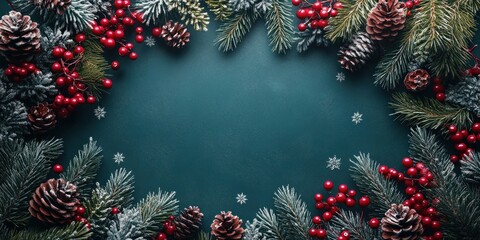 Festive Christmas Wreath Border Design with Teal Background