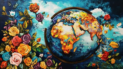 Naklejka premium Vibrant Earth Globe Surrounded by Colorful Roses - Oil Painting